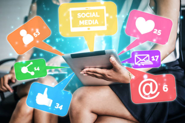 Social media and young people network concept. Modern graphic interface showing online social connection network and media channels to engage customer interaction in the digital business.