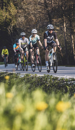Groep wielertoeristen op de baan in een mooie natuuromgeving met bomen en bloemen op de voorgrond