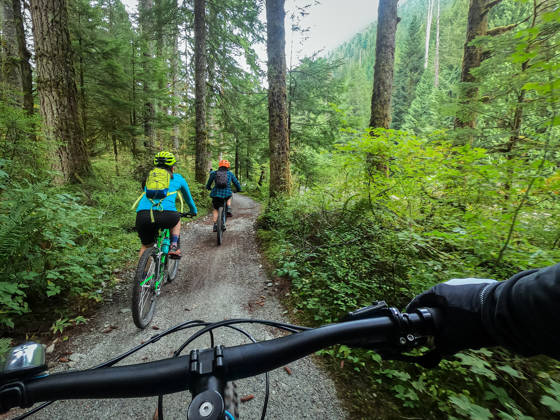 Multi-ethnic family riding on single track trail. North Vancouver, British Columbia, Canada.