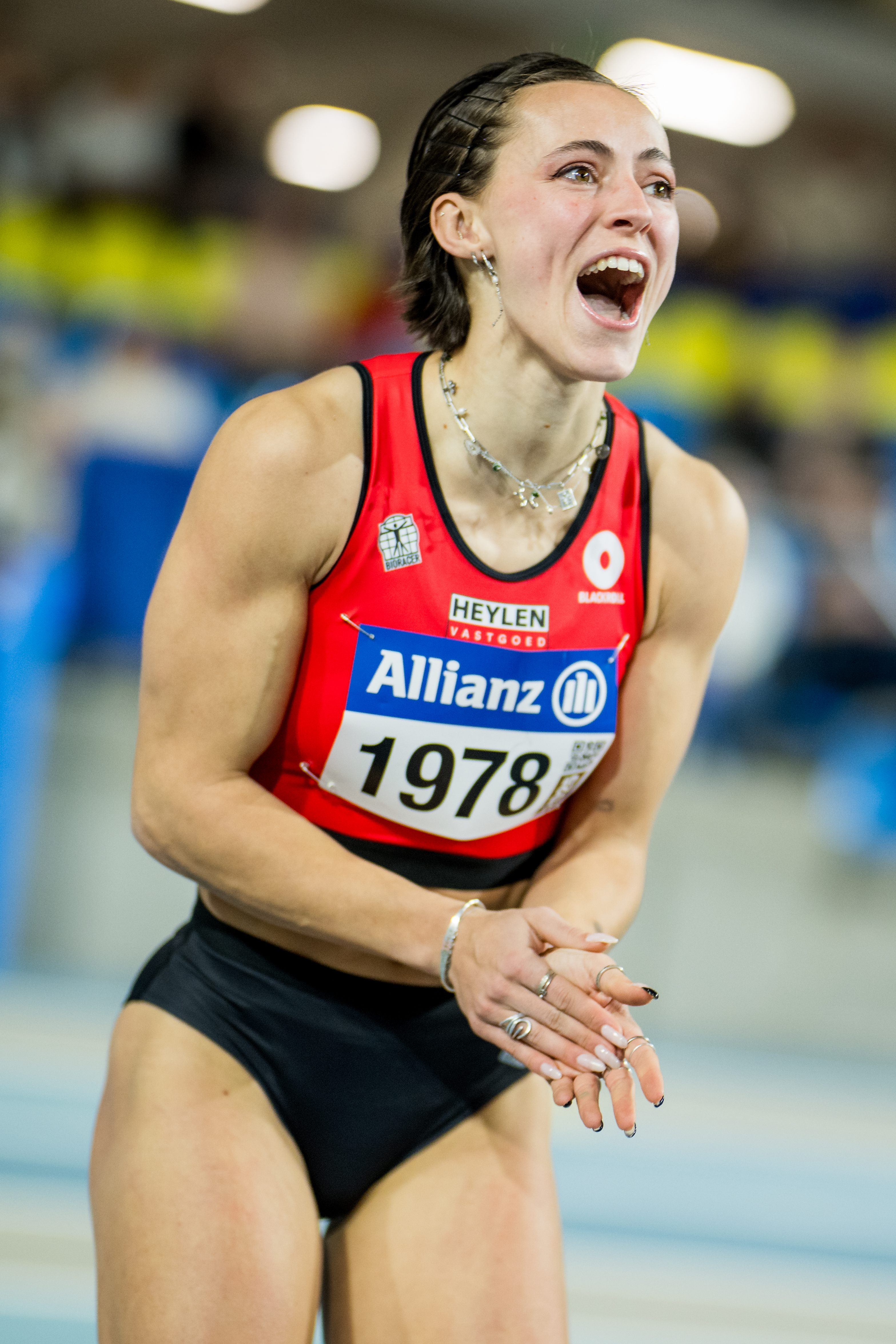 Belgian Rani Rosius pictured in action during the women's 60m sprint, at the Belgian indoor athletics championships, on Sunday 23 February 2025 in Gent. BELGA PHOTO JASPER JACOBS