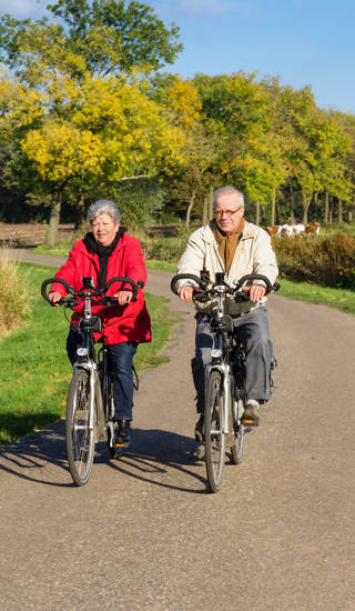 Senior man and woman on bicycles on a dutch countryroad