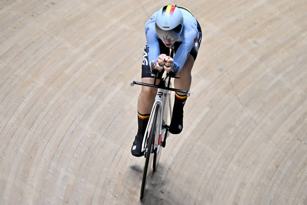 Belgian Marith Vanhove pictured in action during the women's TT Kilo qualifications at the 2025 UEC Track Elite European Championships, in Heusden-Zolder, Belgium, Saturday 15 February 2025. The European Championships take place from 12 to 16 February. BELGA PHOTO DIRK WAEM