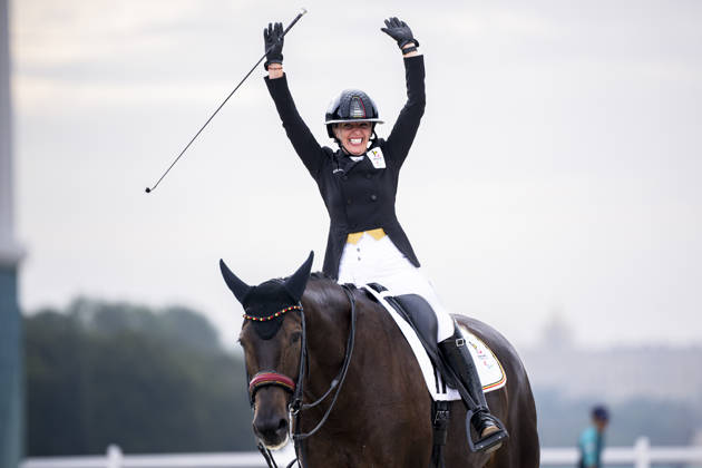 Belgian Manon Claeys reacts after the Dressage Grade IV, Grand Prix Freestyle Test equestrian event, on day 11 of the 2024 Summer Paralympic Games in Paris, France on Saturday 07 September 2024. The 17th Paralympics are taking place from 28 August to 8 September 2024 in Paris. BELGA PHOTO LAURIE DIEFFEMBACQ