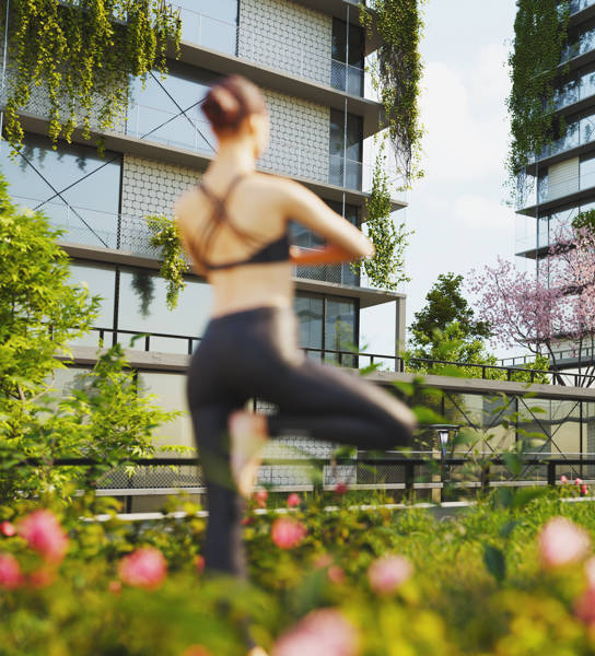 Woman practicing yoga on terrace garden in a sustainable green housing complex. All items in the scene are 3D