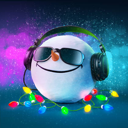 Funny snowball in the headphones. Christmas party. Musical Background