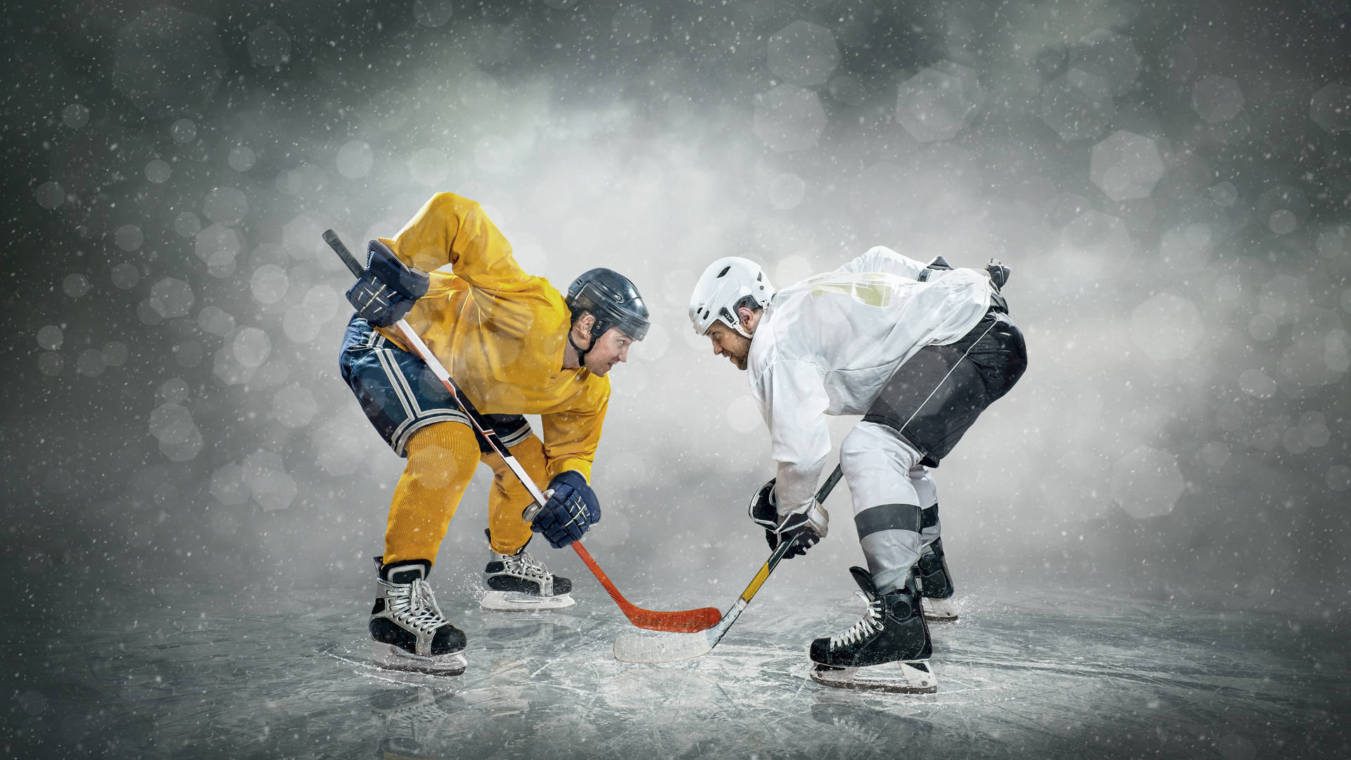 Ice hockey player on the ice, outdoors
