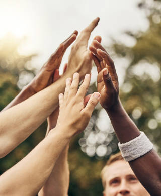 Basketball, hands and team of men high five for outdoor game. Success, diversity and victory in sports for boys goal. Teamwork, diversity and support, friends on basketball court together with coach.