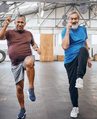 Men portrait, exercise and gym partner for health and wellness for retirement fitness and energy. Senior people class for knee lift workout or training for strong body and cardio goals motivation