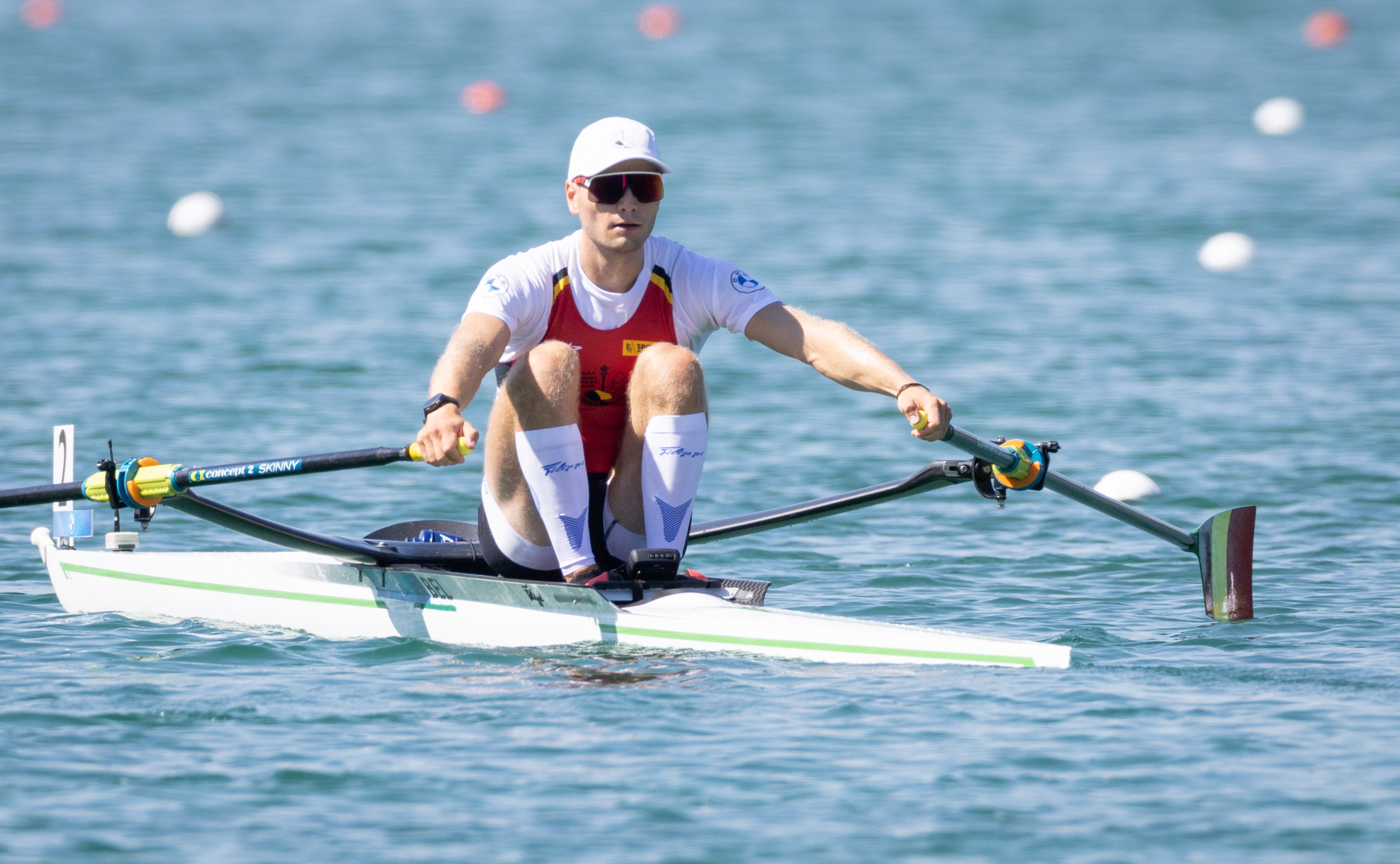 Belgian Marlon Colpaert pictured in action during the heats of the Lightweight Men's Single Sculls event, part of the Rowing Championships, at the European Championships Munich 2022, in Munich, Germany, on Thursday 11 August 2022. The second edition of the European Championships takes place from 11 to 22 August and features nine sports. BELGA PHOTO BENOIT DOPPAGNE