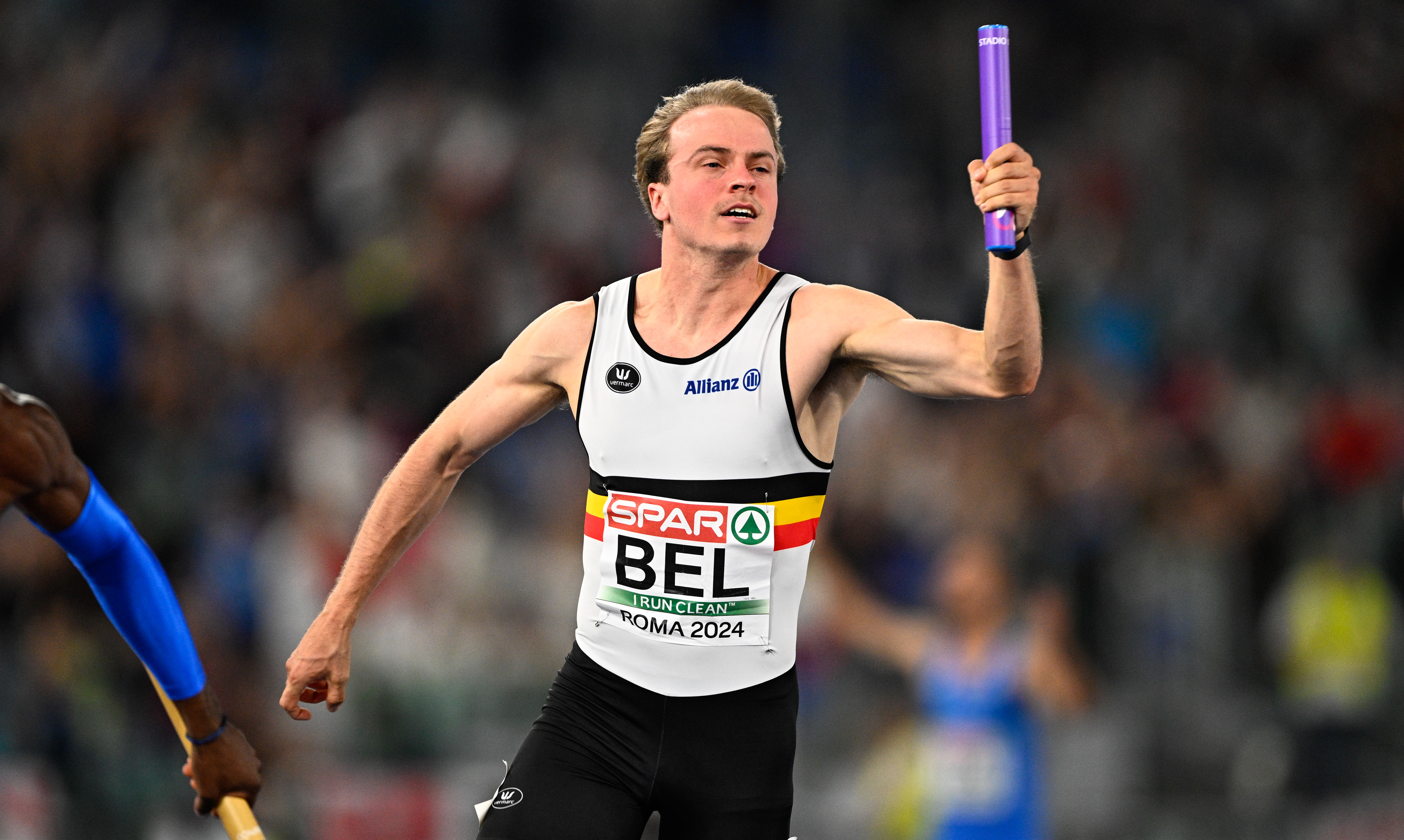 Belgian Simon Verherstraeten and pictured in action during the men's 4x100m relay, at the European Championships Athletics in Rome, Italy, on Wednesday 12 June 2024. The European Athletics Championships take place from 7 to 12 June. BELGA PHOTO JASPER JACOBS