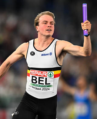 Belgian Simon Verherstraeten and pictured in action during the men's 4x100m relay, at the European Championships Athletics in Rome, Italy, on Wednesday 12 June 2024. The European Athletics Championships take place from 7 to 12 June. BELGA PHOTO JASPER JACOBS
