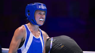 Belgian boxer Oshin Derieuw (in blue) and Hungarian boxer Anna Luca Hamori (in red) pictured in action during a fight in the semi-finals in the women's -66kg boxing competition at the European Games in Krakow, Poland on Friday 30 June 2023. The 3rd European Games, informally known as Krakow-Malopolska 2023, is a scheduled international sporting event that will be held from 21 June to 02 July 2023 in Krakow and Malopolska, Poland. BELGA PHOTO LAURIE DIEFFEMBACQ