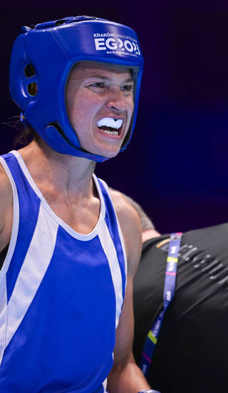 Belgian boxer Oshin Derieuw (in blue) and Hungarian boxer Anna Luca Hamori (in red) pictured in action during a fight in the semi-finals in the women's -66kg boxing competition at the European Games in Krakow, Poland on Friday 30 June 2023. The 3rd European Games, informally known as Krakow-Malopolska 2023, is a scheduled international sporting event that will be held from 21 June to 02 July 2023 in Krakow and Malopolska, Poland. BELGA PHOTO LAURIE DIEFFEMBACQ