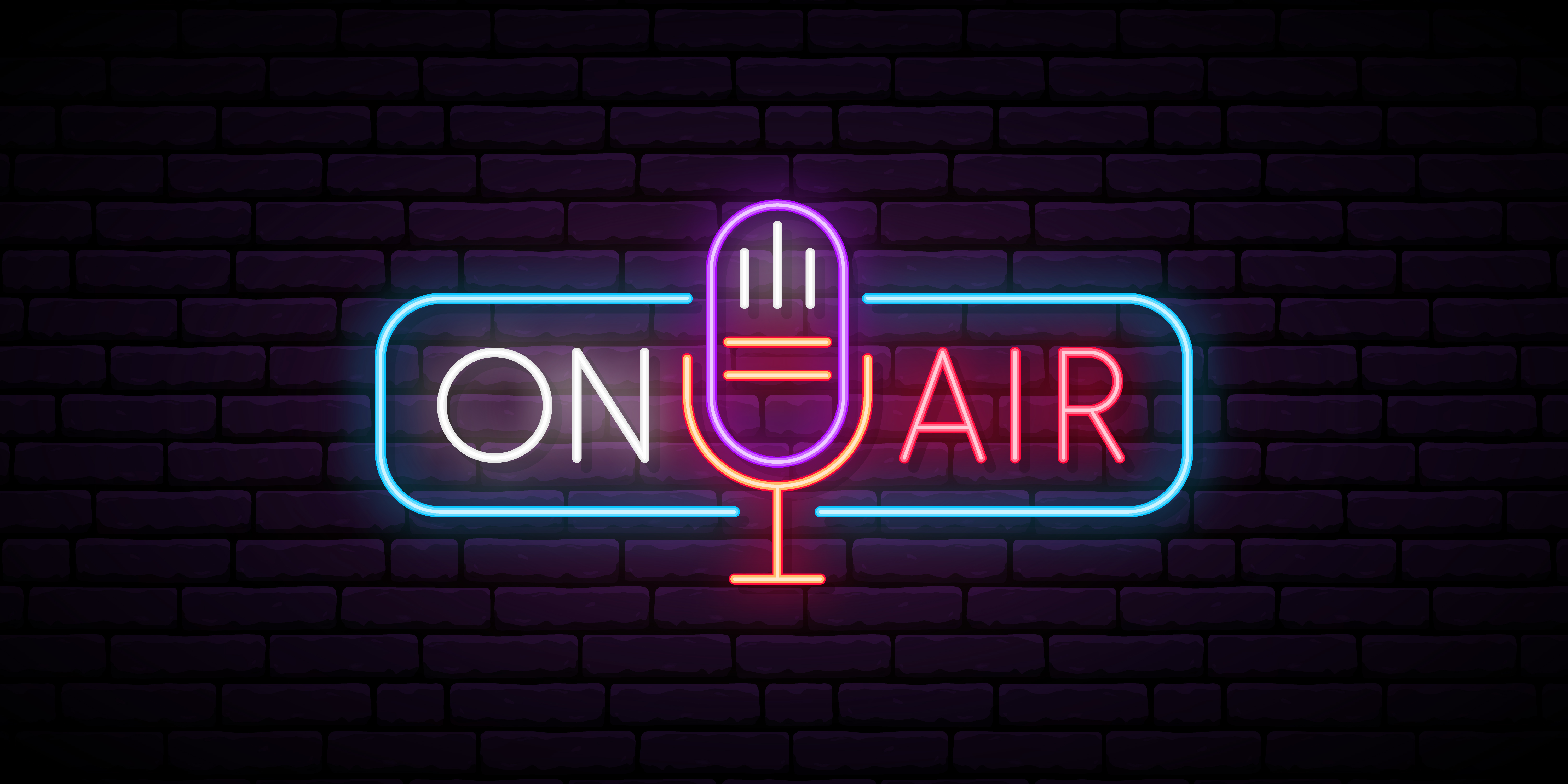 On air neon sign. Retro microphone in frame with inscription On Air. Music or radio emblem. Glowing signboard for radio station. Vector illustration.