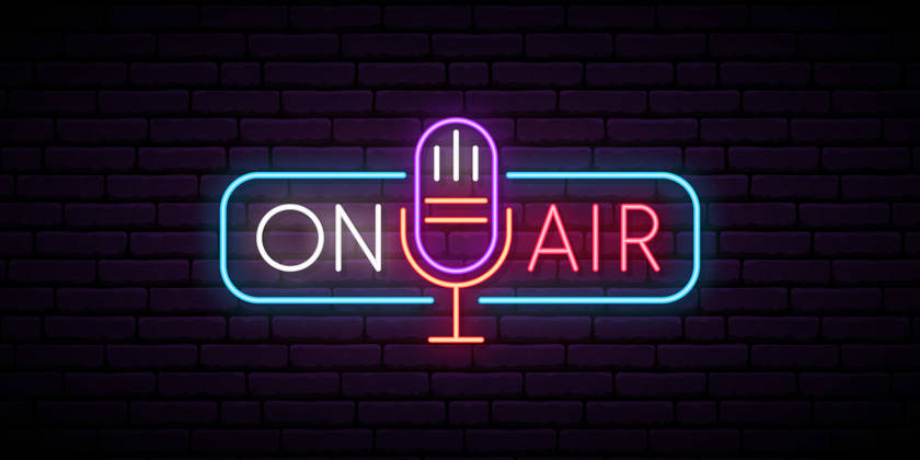 On air neon sign. Retro microphone in frame with inscription On Air. Music or radio emblem. Glowing signboard for radio station. Vector illustration.