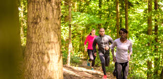 Front view of man and women running on footpath in forest.