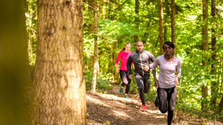 Front view of man and women running on footpath in forest.