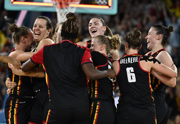 Belgian Cats' players celebrate after winning a basketball game between Spain and Belgian national team the Belgian Cats, a quarterfinal game of the women's tournament at the Paris 2024 Olympic Games, on Wednesday 07 August 2024 in Paris, France. The Games of the XXXIII Olympiad are taking place in Paris from 26 July to 11 August. The Belgian delegation counts 165 athletes competing in 21 sports. BELGA PHOTO JASPER JACOBS