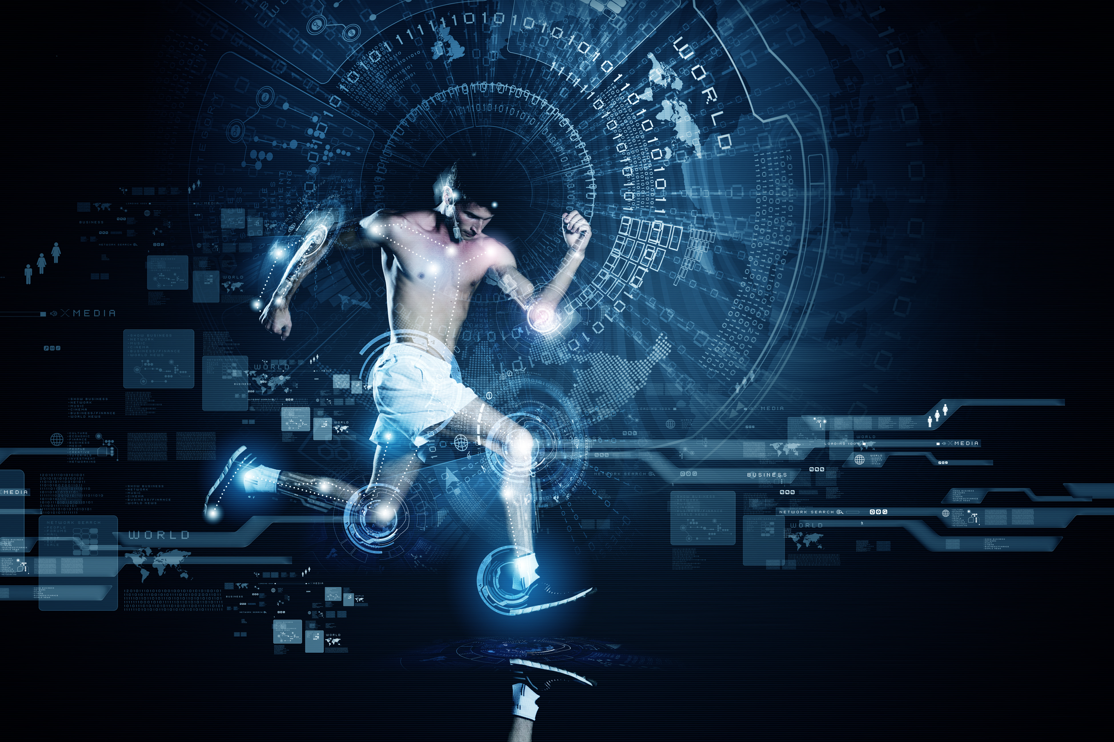 Young running man against digital media background