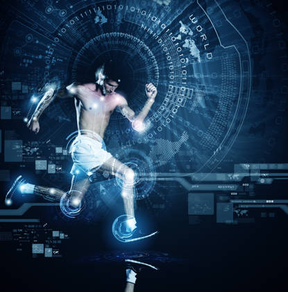Young running man against digital media background