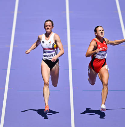Belgian athlete Imke Vervaet (L) pictured in action during the Women's 200m repechage of the athletics competition at the Paris 2024 Olympic Games, on Monday 05 August 2024 in Paris, France. The Games of the XXXIII Olympiad are taking place in Paris from 26 July to 11 August. The Belgian delegation counts 165 athletes competing in 21 sports. BELGA PHOTO DIRK WAEM
