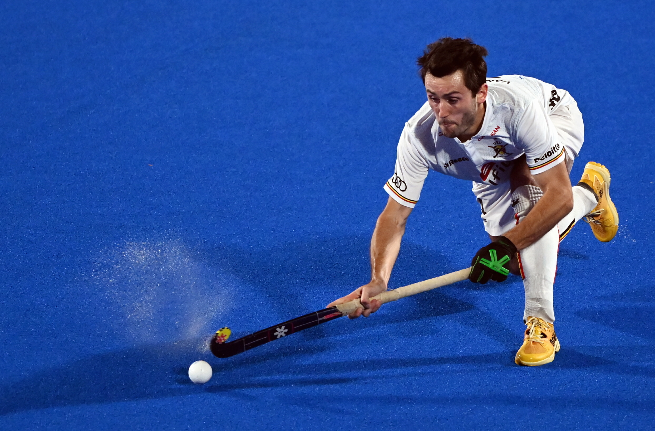 Belgium's Arthur Van Doren pictured in action during a game between Belgium's Red Lions and New Zealand, a quarterfinal match at the 2023 Men's FIH Hockey World Cup in Bhubaneswar, India, Tuesday 24 January 2023. BELGA PHOTO DIRK WAEM