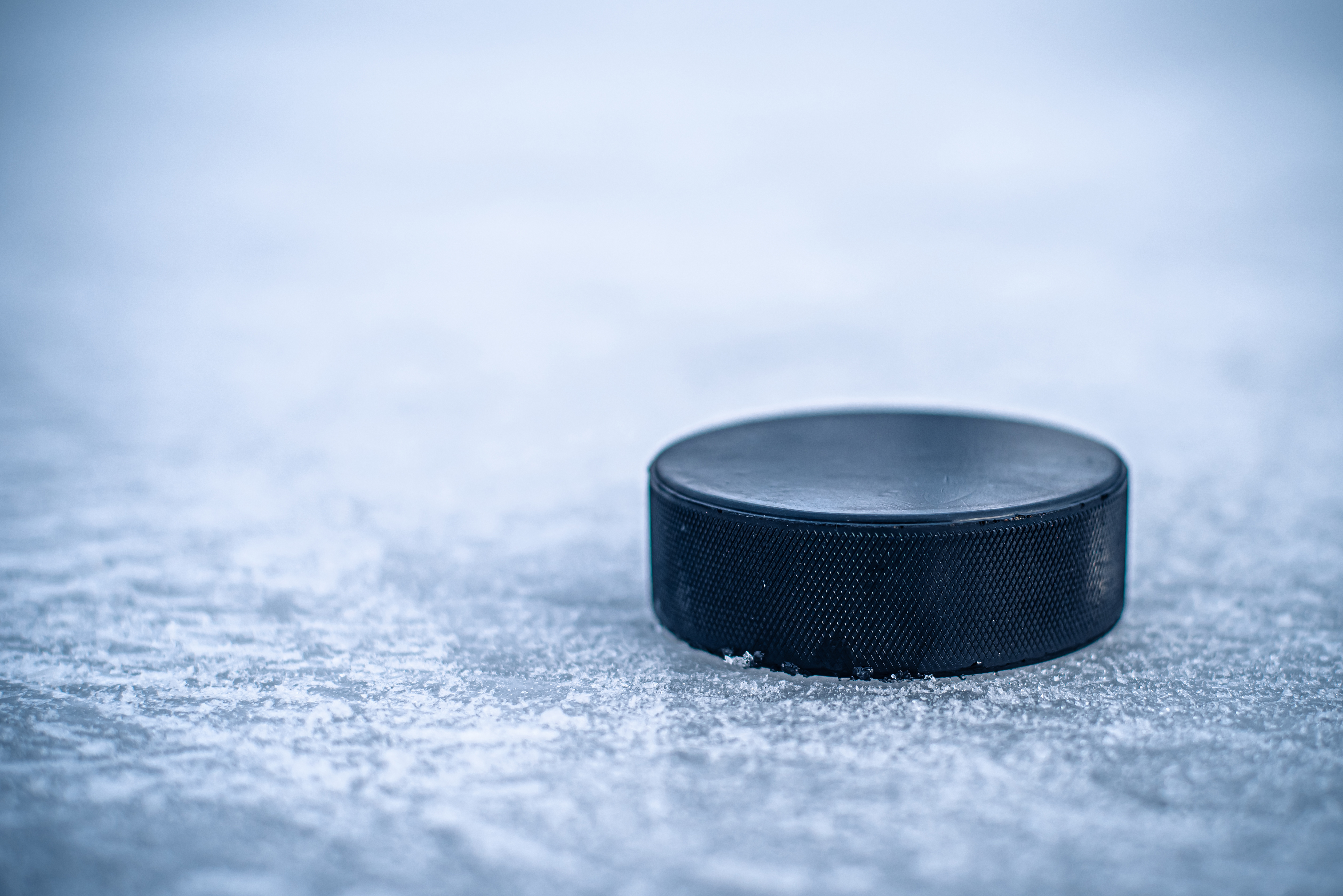hockey puck lies on the snow macro