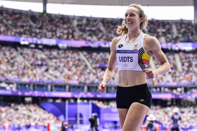 Belgian athlete Noor Vidts celebrates during the javelin, sixth event of the women's heptathlon at the athletics competition at the Paris 2024 Olympic Games, on Friday 09 August 2024 in Paris, France. The Games of the XXXIII Olympiad are taking place in Paris from 26 July to 11 August. The Belgian delegation counts 165 athletes competing in 21 sports. BELGA PHOTO DIRK WAEM