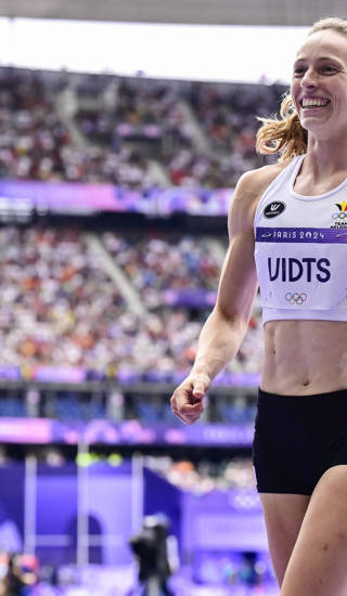 Belgian athlete Noor Vidts celebrates during the javelin, sixth event of the women's heptathlon at the athletics competition at the Paris 2024 Olympic Games, on Friday 09 August 2024 in Paris, France. The Games of the XXXIII Olympiad are taking place in Paris from 26 July to 11 August. The Belgian delegation counts 165 athletes competing in 21 sports. BELGA PHOTO DIRK WAEM