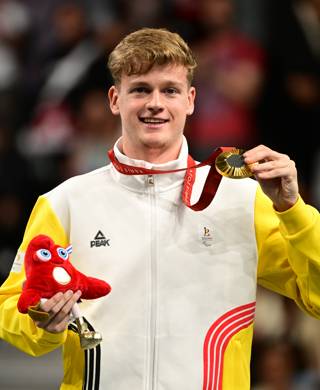 Belgian Laurens Devos celebrates with his gold medal during the podium ceremony of the the Men's Singles TT9 table tennis competition, on day 11 of the 2024 Summer Paralympic Games in Paris, France on Saturday 07 September 2024. The 17th Paralympics are taking place from 28 August to 8 September 2024 in Paris...BELGA PHOTO LAURIE DIEFFEMBACQ