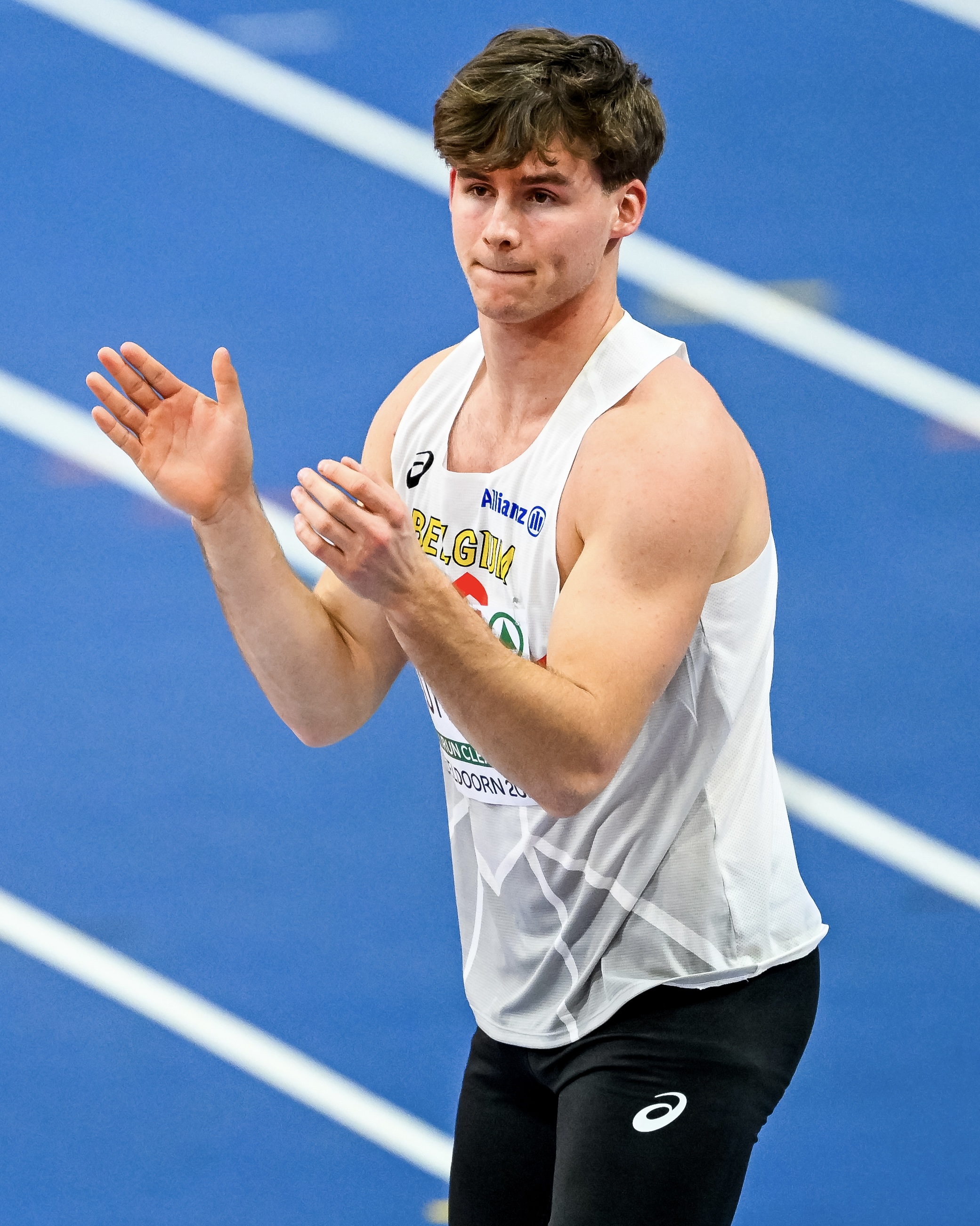 Belgian athlete Jente Hauttekeete pictured in action during the high jump event of the men's heptathlon competition, at the European Athletics Indoor Championships, in Apeldoorn, The Netherlands, Friday 07 March 2025. The championships take place from 6 to 9 March. BELGA PHOTO ERIC LALMAND