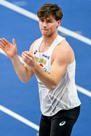 Belgian athlete Jente Hauttekeete pictured in action during the high jump event of the men's heptathlon competition, at the European Athletics Indoor Championships, in Apeldoorn, The Netherlands, Friday 07 March 2025. The championships take place from 6 to 9 March. BELGA PHOTO ERIC LALMAND