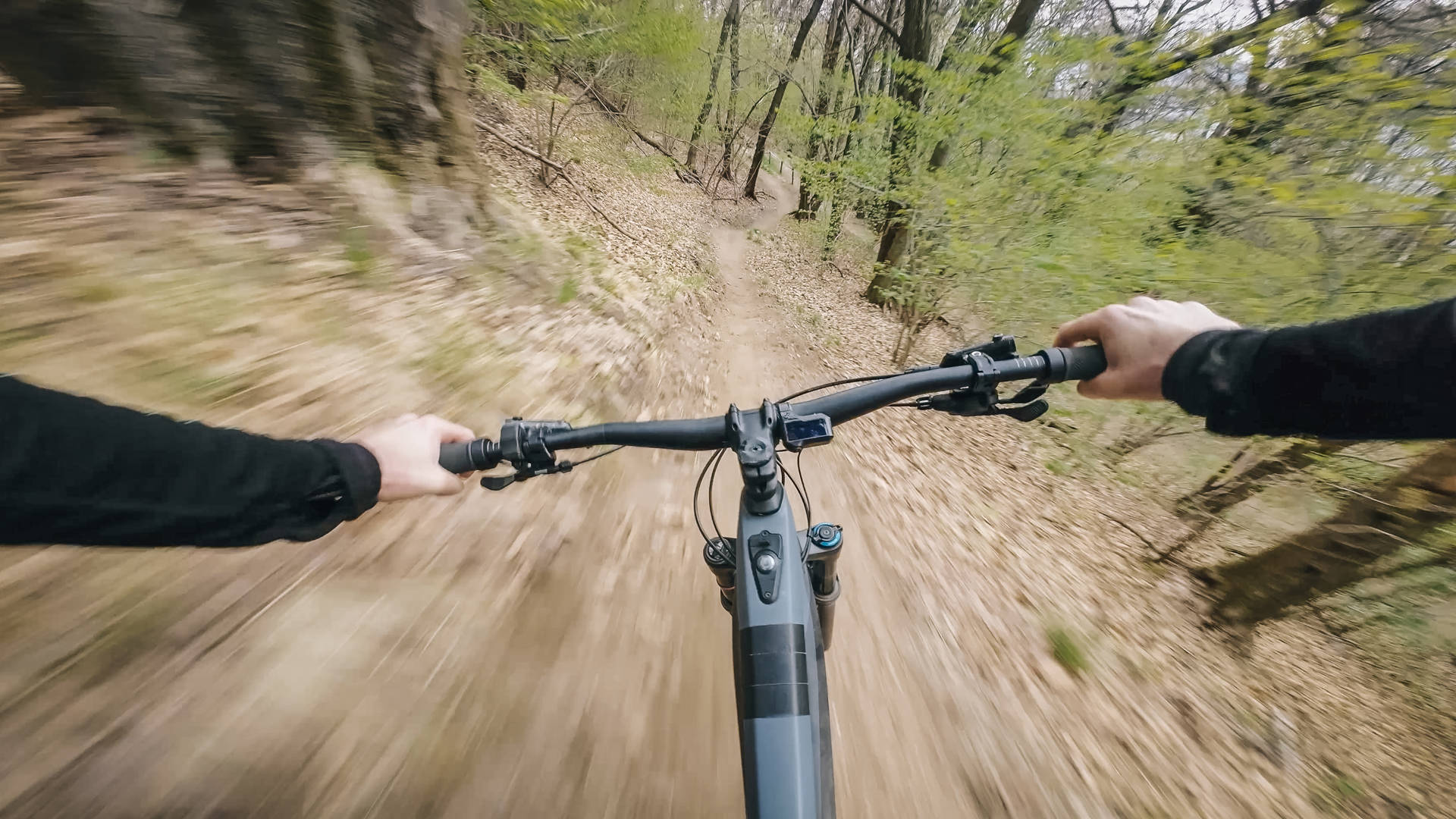 Motion blur as young man rides through springtime forest, in the Swiss Alps