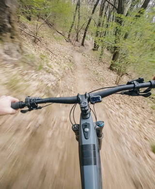 Motion blur as young man rides through springtime forest, in the Swiss Alps