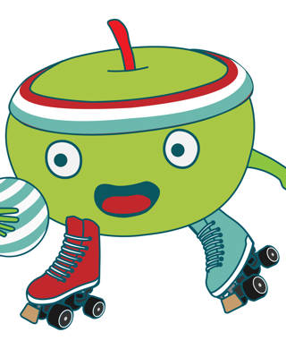 Sportsnack logo appel op skates en met bal in hand
