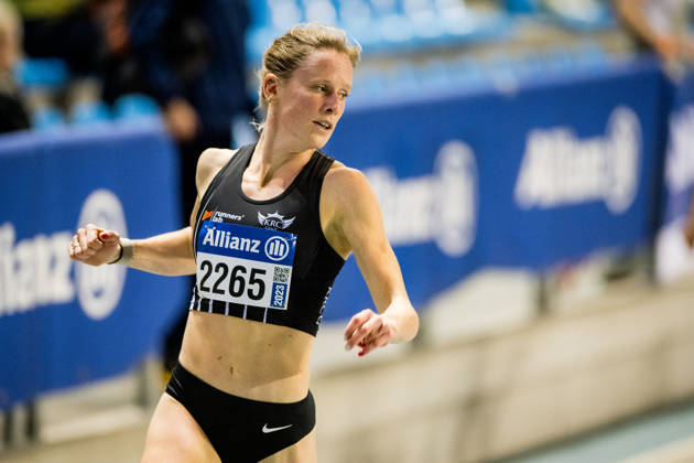 Belgian athlete Imke Vervaet pictured in action during the women's 200m race, at the Belgian indoor athletics championships, Sunday 19 February 2023, in Gent. BELGA PHOTO JASPER JACOBS