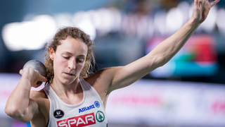Belgian Noor Vidts pictured in action during the shot put event of the women's pentathlon competition at the 37th edition of the European Athletics Indoor Championships, in Istanbul, Turkey on Friday 03 March 2023. The championships take place from 2 to 5 March. BELGA PHOTO JASPER JACOBS