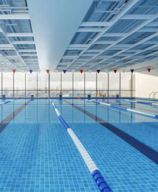 Close-up View Of Olympic Swimming Pool With Cityscape Through The Window