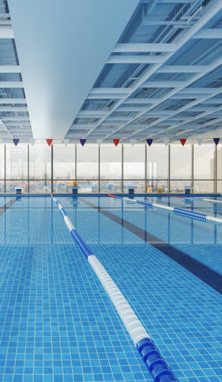 Close-up View Of Olympic Swimming Pool With Cityscape Through The Window