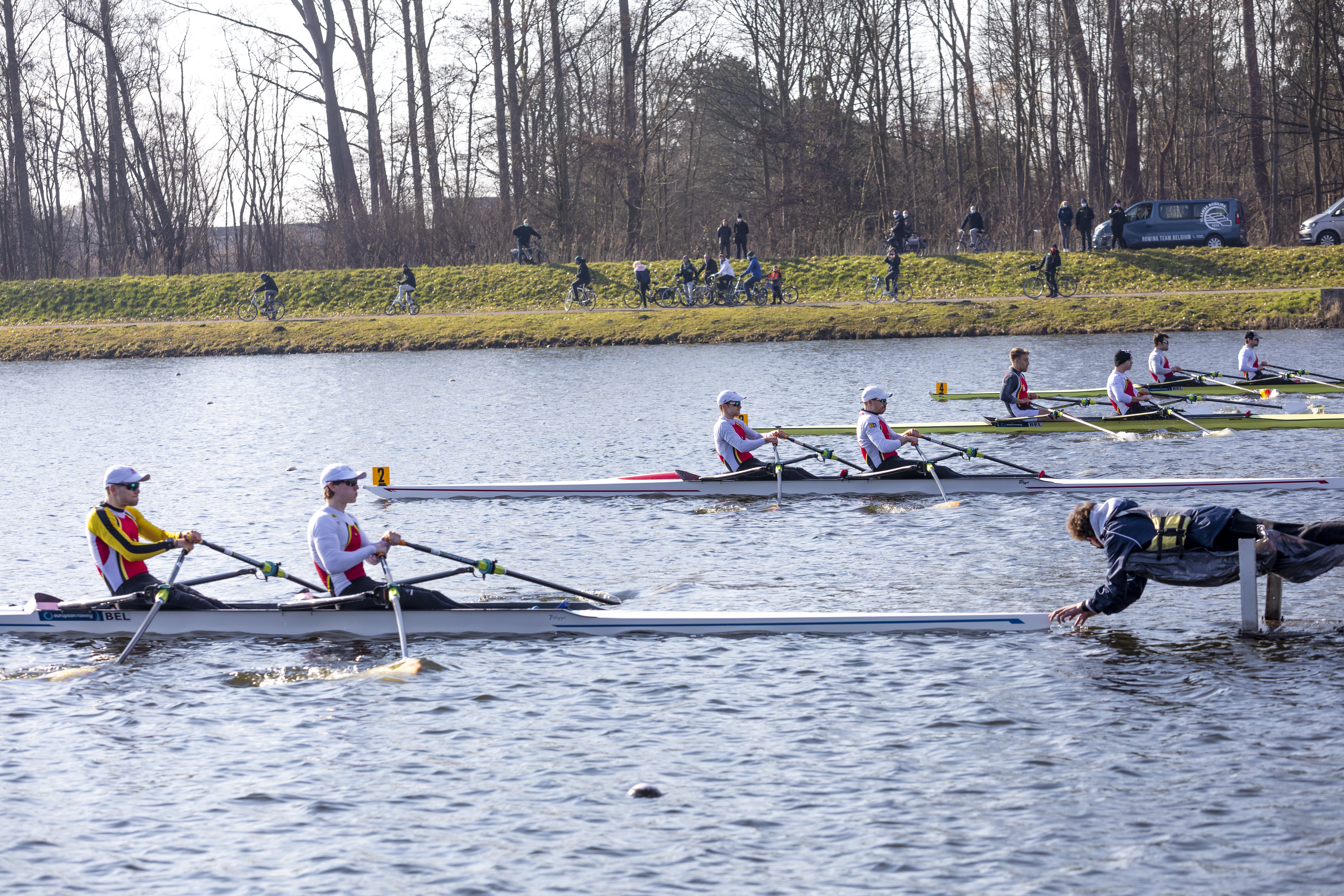 Tibo Vyvey, Marlon Colpaert, Tim Brys, Niels Van Zandweghe, Tristan Vandenbussche , Ward Lemmelijn Ward, Ruben Claeys and Pierre De Loof pictured in action during Race 1 in the men's double M2x rowing event, at the second day of the rowing trials, in Hazeldonk, Willebroek, Sunday 07 March 2021. BELGA PHOTO HATIM KAGHAT