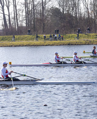 Tibo Vyvey, Marlon Colpaert, Tim Brys, Niels Van Zandweghe, Tristan Vandenbussche , Ward Lemmelijn Ward, Ruben Claeys and Pierre De Loof pictured in action during Race 1 in the men's double M2x rowing event, at the second day of the rowing trials, in Hazeldonk, Willebroek, Sunday 07 March 2021. BELGA PHOTO HATIM KAGHAT