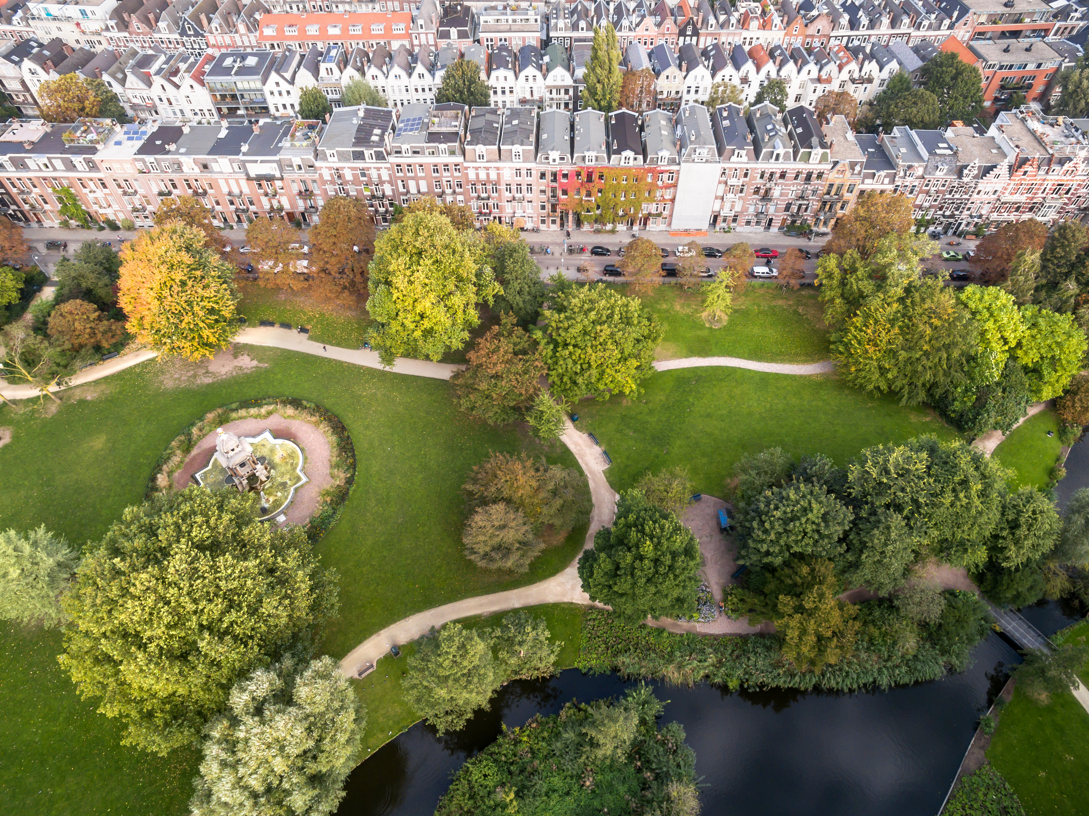 Aerial view of Amsterdam city roofs beside Sarphati park
