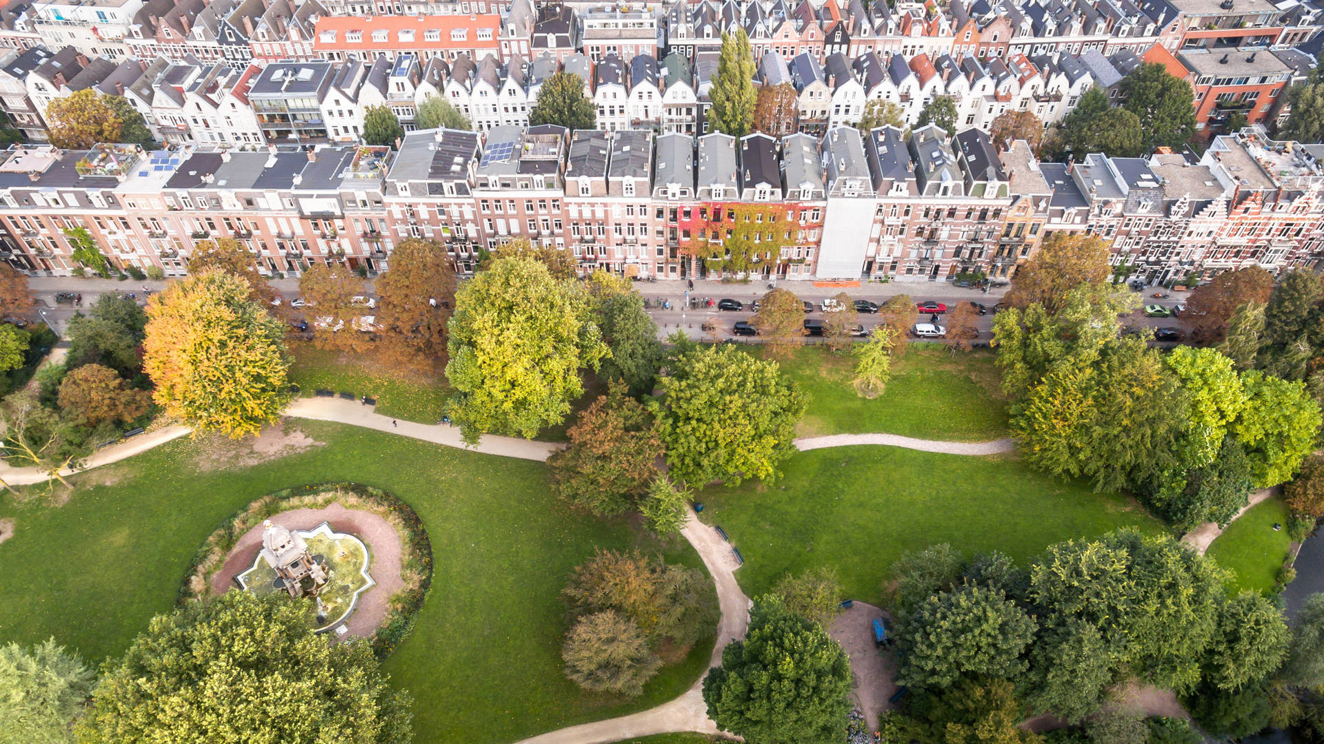 Aerial view of Amsterdam city roofs beside Sarphati park