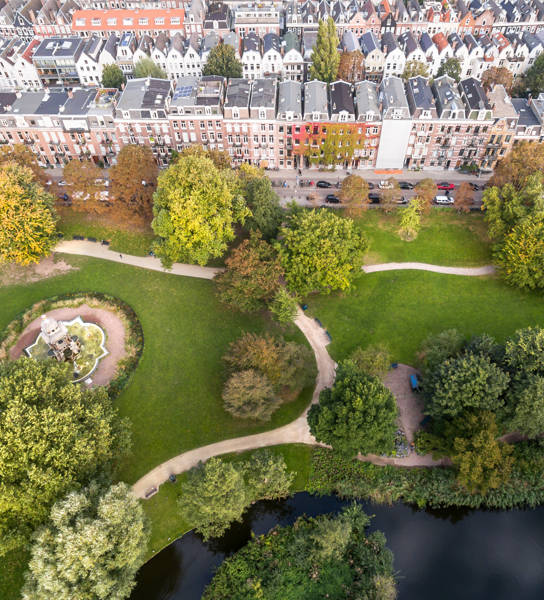 Aerial view of Amsterdam city roofs beside Sarphati park