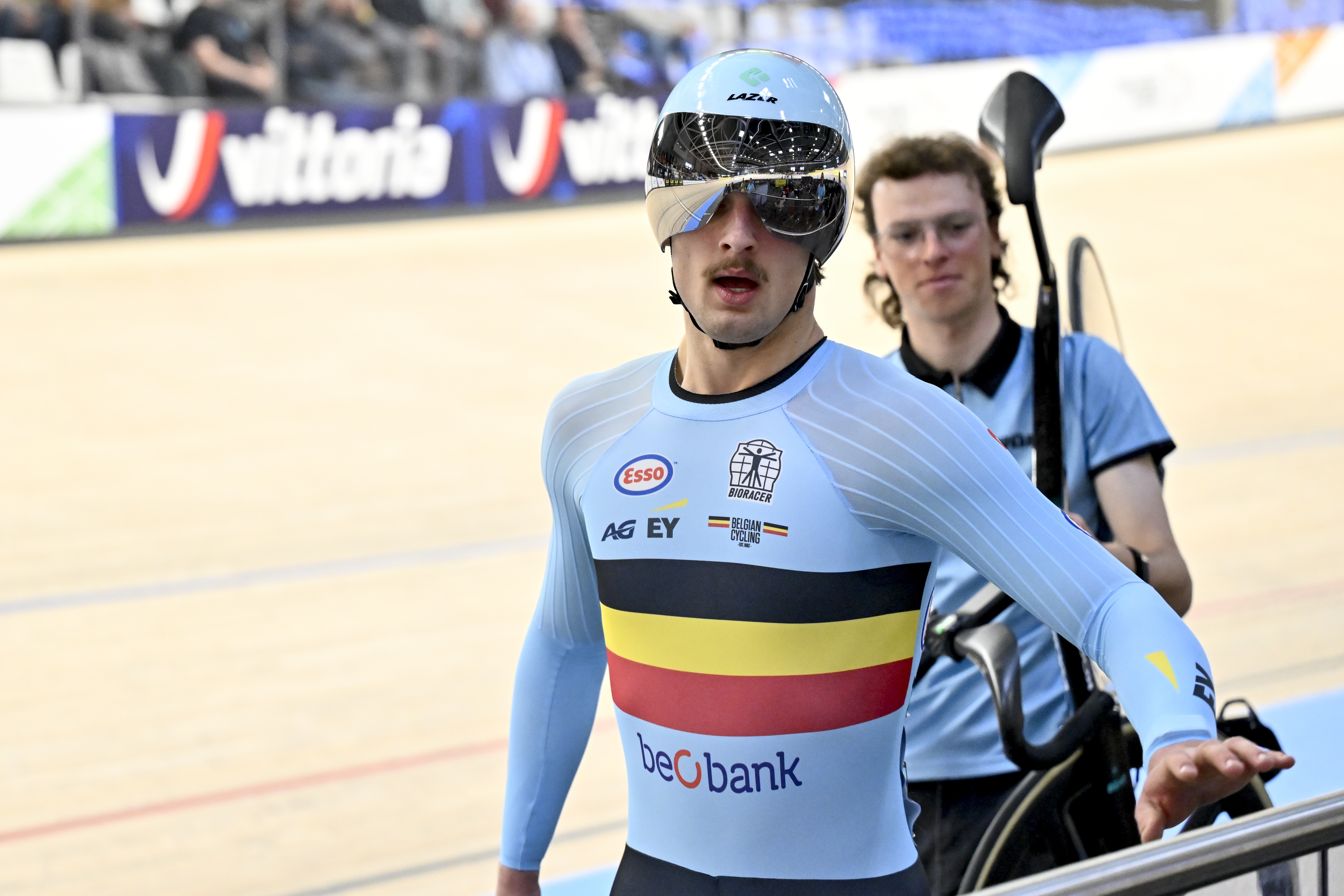 Belgian Lowie Nulens pictured during the men's Keirin repechages first round at the 2025 UEC Track Elite European Championships, in Heusden-Zolder, Belgium, Sunday 16 February 2025. The European Championships take place from 12 to 16 February. BELGA PHOTO DIRK WAEM