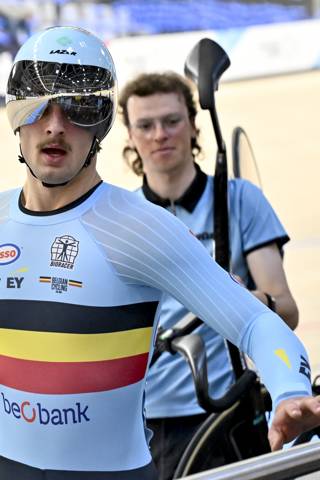 Belgian Lowie Nulens pictured during the men's Keirin repechages first round at the 2025 UEC Track Elite European Championships, in Heusden-Zolder, Belgium, Sunday 16 February 2025. The European Championships take place from 12 to 16 February. BELGA PHOTO DIRK WAEM