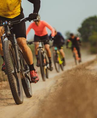 Groepje rijdt met mountainbikefiets door de heide