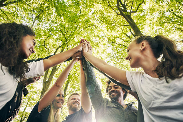Cropped shot of a group of diverse colleagues team building at a company retreat