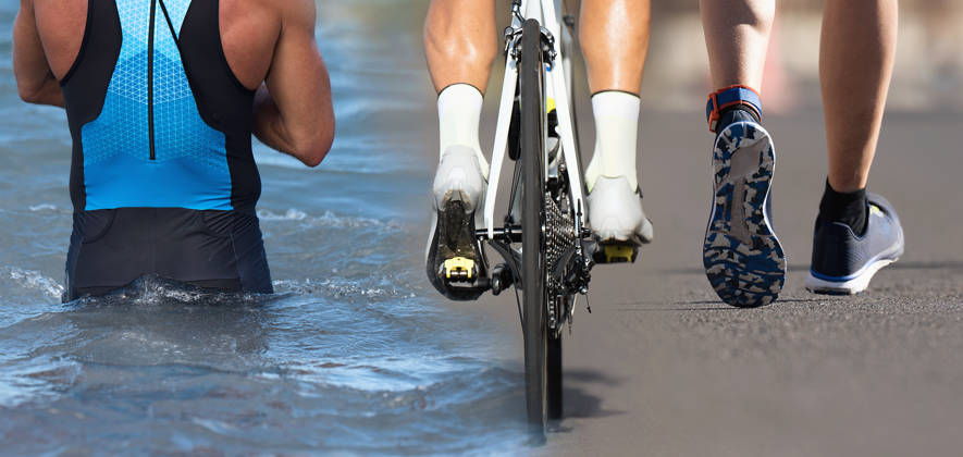 Triathlon swim bike run triathlete man for ironman race concept. Three pictures composite athlete running, biking, and swimming in sea