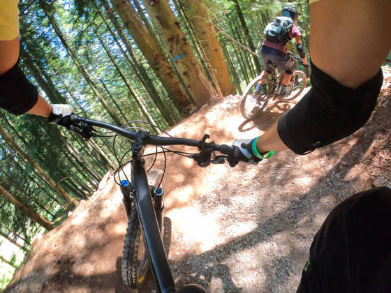 Groepje rijdt met mountainbikefiets door het bos